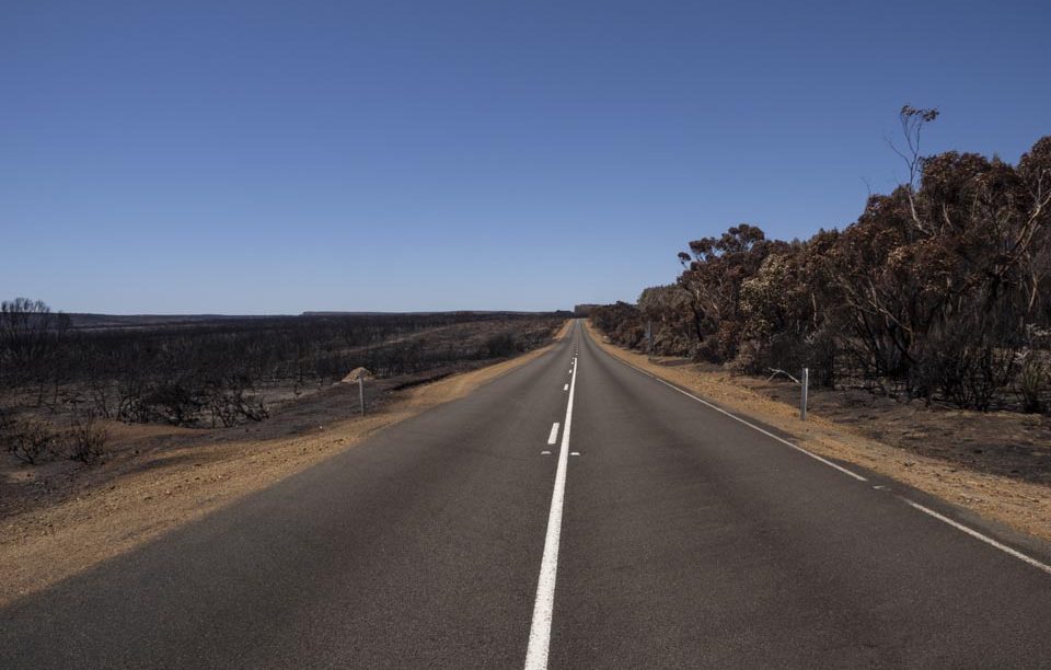 South Coast Road, Kangaroo Island. One of the many images captured which not only illustrates the vast area of land destroyed during the bushfires, but also the lack of commuters and tourists on one of the main roads on Kangaroo Island.